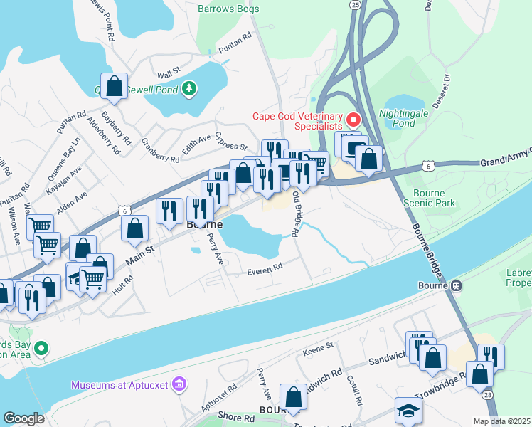map of restaurants, bars, coffee shops, grocery stores, and more near 270R Main Street in Bourne
