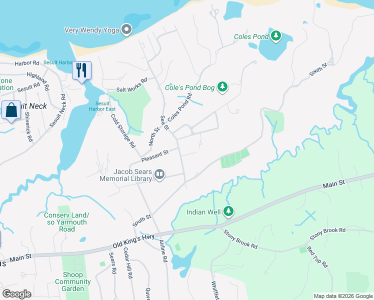map of restaurants, bars, coffee shops, grocery stores, and more near 45 Sea Street in Dennis