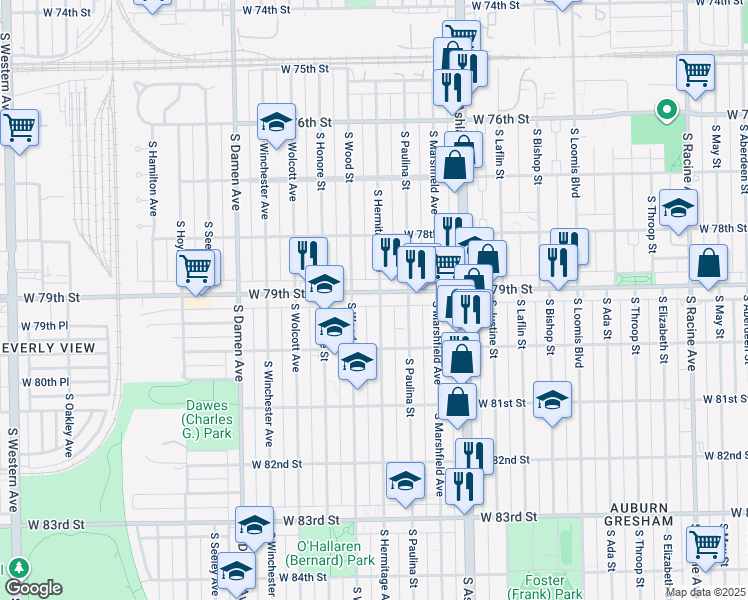 map of restaurants, bars, coffee shops, grocery stores, and more near 1735 West 79th Street in Chicago