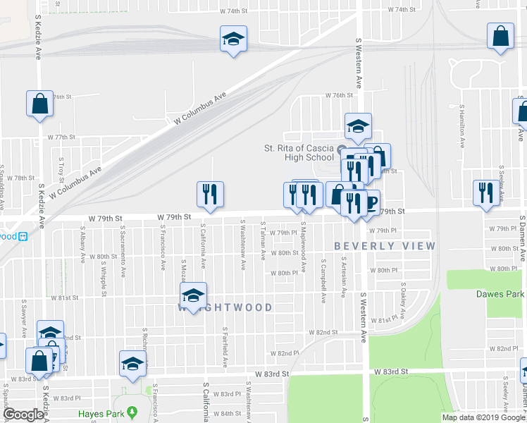 map of restaurants, bars, coffee shops, grocery stores, and more near 2628 West 79th Street in Chicago