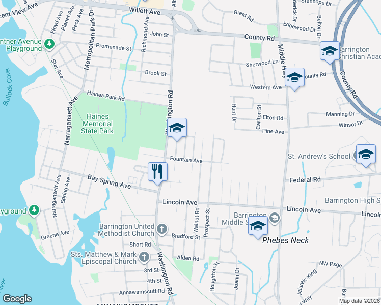 map of restaurants, bars, coffee shops, grocery stores, and more near 21 Fountain Avenue in Barrington