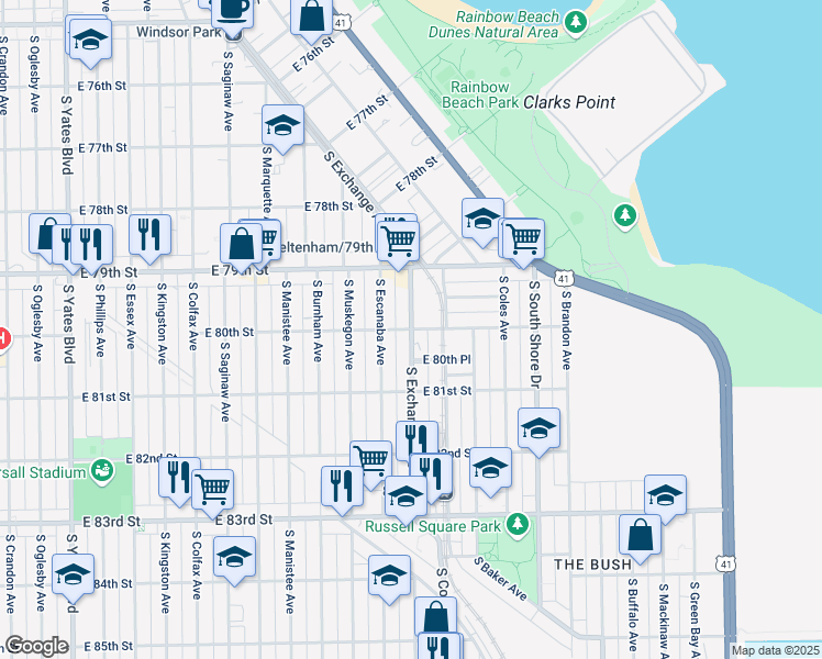 map of restaurants, bars, coffee shops, grocery stores, and more near South Exchange Avenue & East 80th Street in Chicago