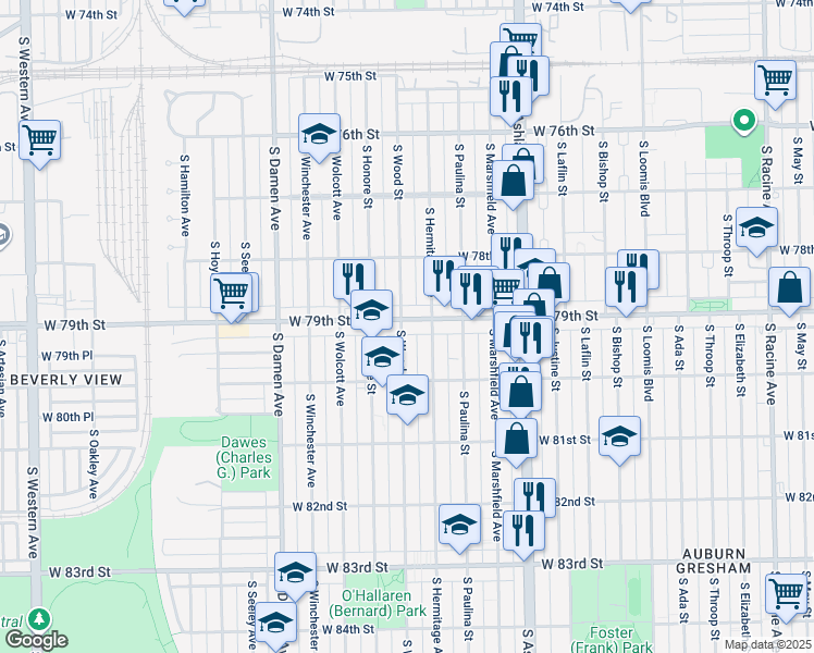 map of restaurants, bars, coffee shops, grocery stores, and more near 7928 South Hermitage Avenue in Chicago