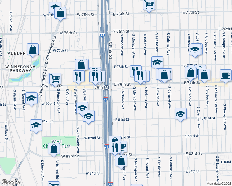 map of restaurants, bars, coffee shops, grocery stores, and more near 7929 South State Street in Chicago