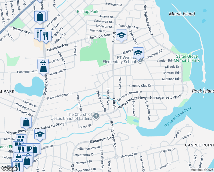 map of restaurants, bars, coffee shops, grocery stores, and more near 37 Clearwater Street in Warwick