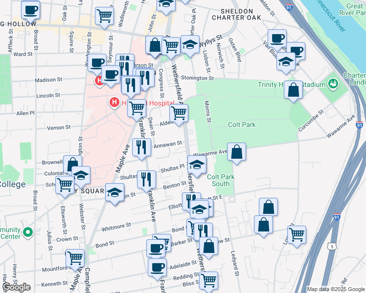 map of restaurants, bars, coffee shops, grocery stores, and more near in Hartford