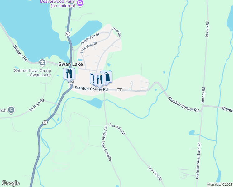 map of restaurants, bars, coffee shops, grocery stores, and more near 74 Stanton Corner Road in Swan Lake