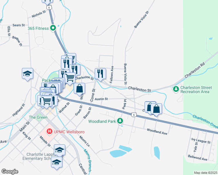 map of restaurants, bars, coffee shops, grocery stores, and more near 10 Bache Street in Wellsboro