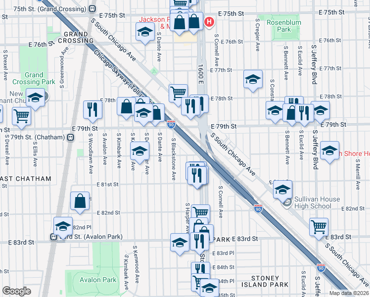 map of restaurants, bars, coffee shops, grocery stores, and more near 8001 South Blackstone Avenue in Chicago