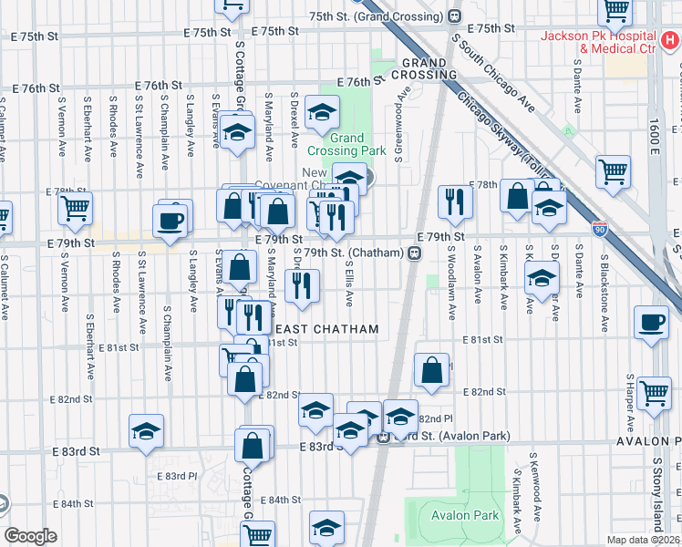 map of restaurants, bars, coffee shops, grocery stores, and more near 8001 South Ellis Avenue in Chicago