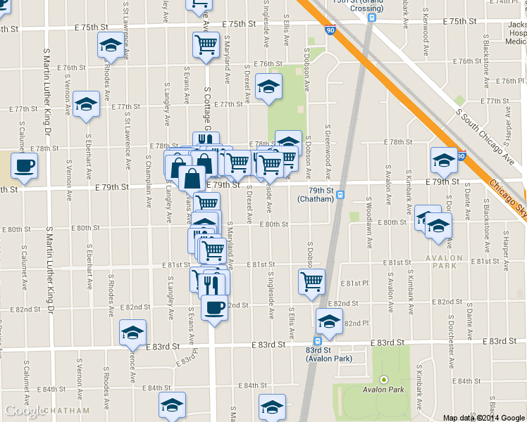 map of restaurants, bars, coffee shops, grocery stores, and more near 914 East 80th Street in Chicago