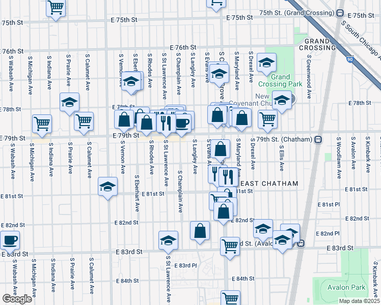 map of restaurants, bars, coffee shops, grocery stores, and more near 704 East 80th Street in Chicago