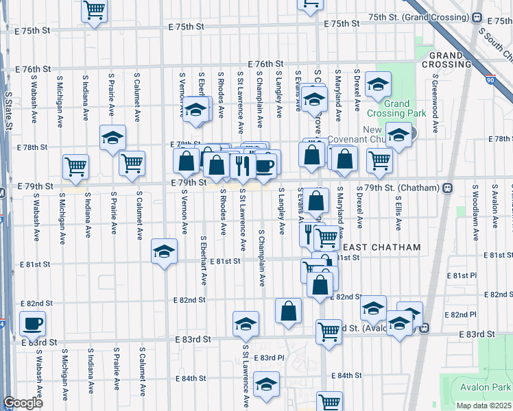 map of restaurants, bars, coffee shops, grocery stores, and more near 7958 South Champlain Avenue in Chicago