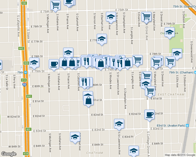 map of restaurants, bars, coffee shops, grocery stores, and more near 7953 South Vernon Avenue in Chicago