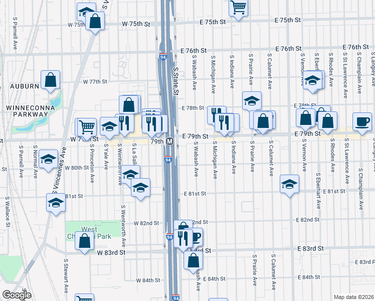 map of restaurants, bars, coffee shops, grocery stores, and more near 7949 South State Street in Chicago