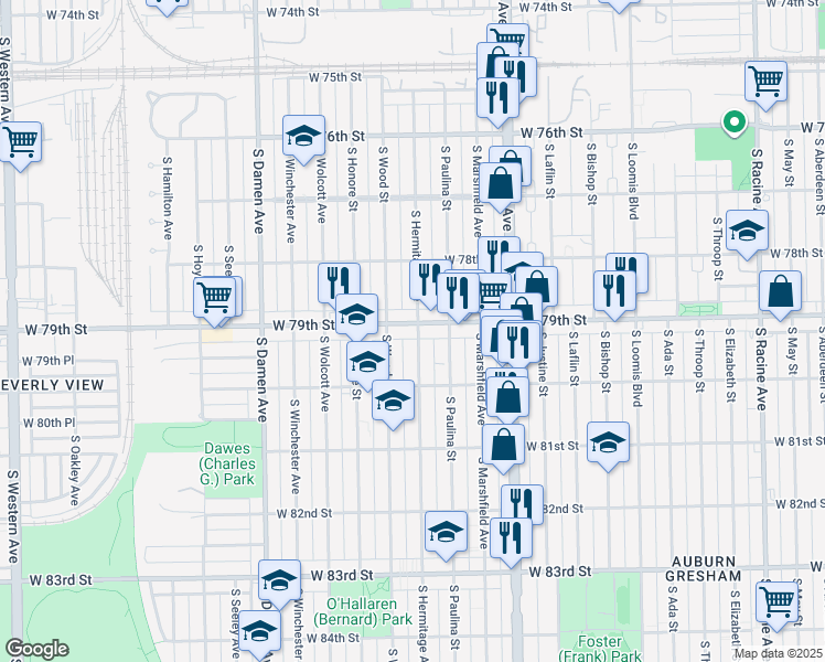map of restaurants, bars, coffee shops, grocery stores, and more near 7928 South Hermitage Avenue in Chicago