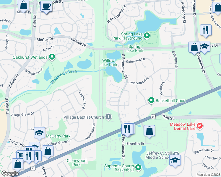 map of restaurants, bars, coffee shops, grocery stores, and more near Waubonsie Creek Trail in Aurora