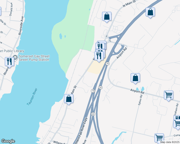 map of restaurants, bars, coffee shops, grocery stores, and more near 4041 North Main Street in Fall River