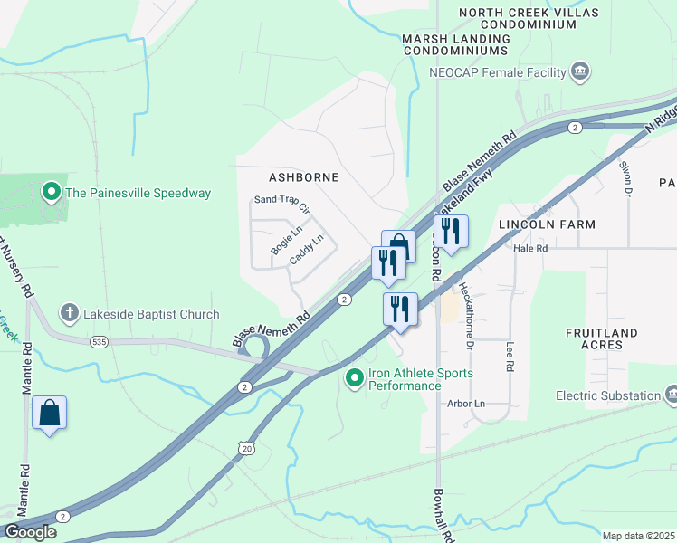 map of restaurants, bars, coffee shops, grocery stores, and more near 1729 Blase Nemeth Road in Painesville