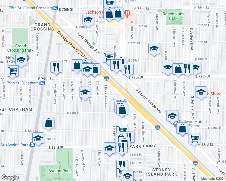 map of restaurants, bars, coffee shops, grocery stores, and more near 8001 South Blackstone Avenue in Chicago