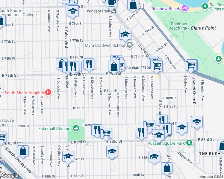 map of restaurants, bars, coffee shops, grocery stores, and more near 8018 South Marquette Avenue in Chicago
