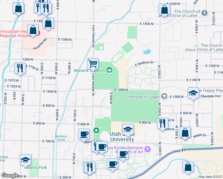 map of restaurants, bars, coffee shops, grocery stores, and more near 900 East 1000 North in Logan