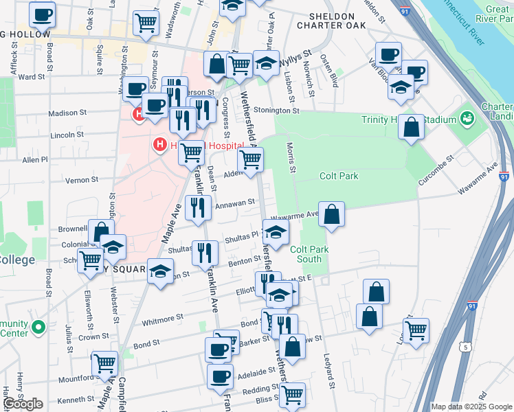 map of restaurants, bars, coffee shops, grocery stores, and more near in Hartford