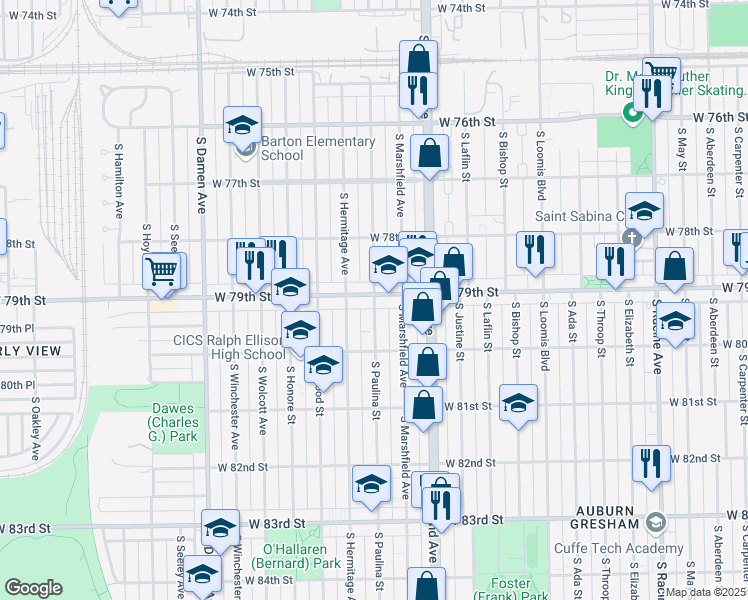 map of restaurants, bars, coffee shops, grocery stores, and more near 7900 South Paulina Street in Chicago