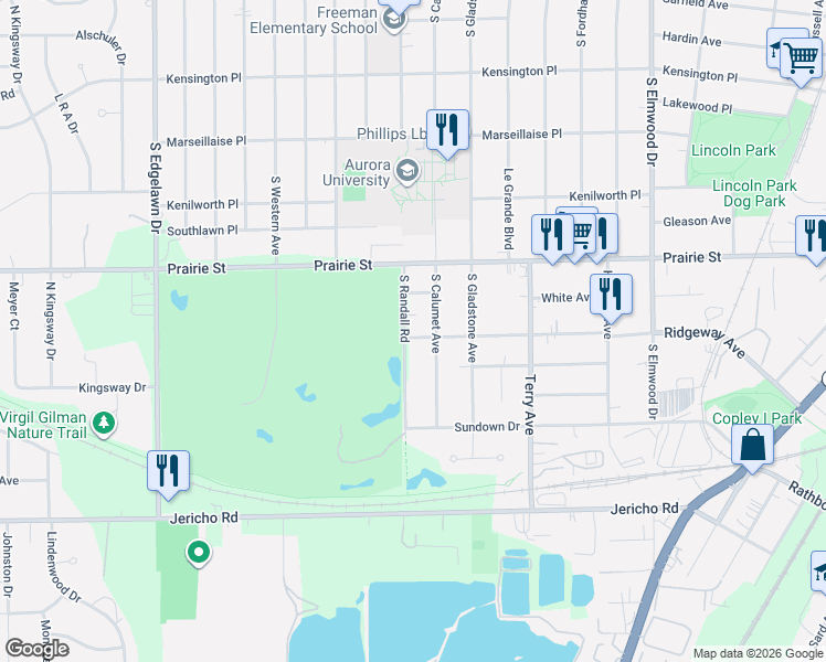 map of restaurants, bars, coffee shops, grocery stores, and more near 609 South Calumet Avenue in Aurora