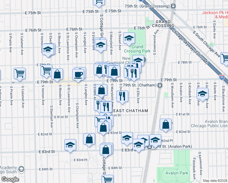 map of restaurants, bars, coffee shops, grocery stores, and more near 7939 South Maryland Avenue in Chicago