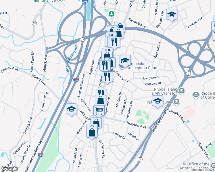 map of restaurants, bars, coffee shops, grocery stores, and more near 828 Oaklawn Avenue in Cranston