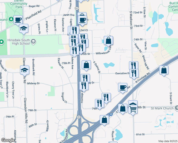 map of restaurants, bars, coffee shops, grocery stores, and more near 7601 Kingery Highway South in Willowbrook