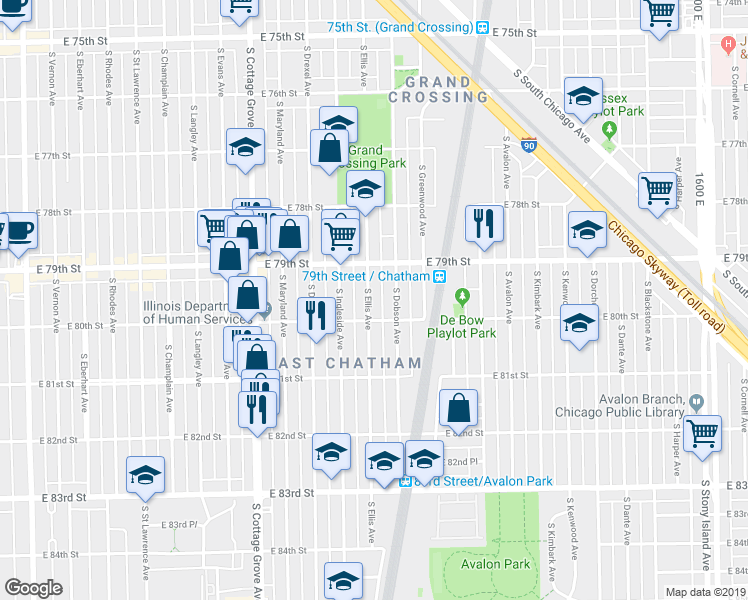 map of restaurants, bars, coffee shops, grocery stores, and more near 7939 South Ellis Avenue in Chicago