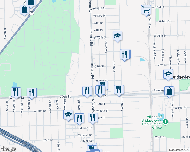 map of restaurants, bars, coffee shops, grocery stores, and more near 7741 South Roberts Road in Bridgeview