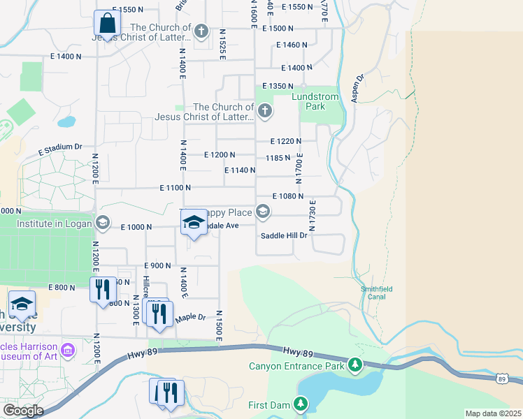 map of restaurants, bars, coffee shops, grocery stores, and more near 1044 North 1600 East in Logan