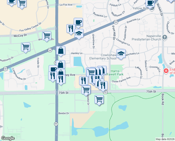 map of restaurants, bars, coffee shops, grocery stores, and more near 2807 Blakely Lane in Naperville