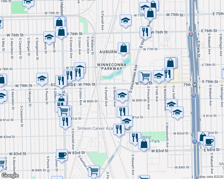 map of restaurants, bars, coffee shops, grocery stores, and more near 7941 South Parnell Avenue in Chicago