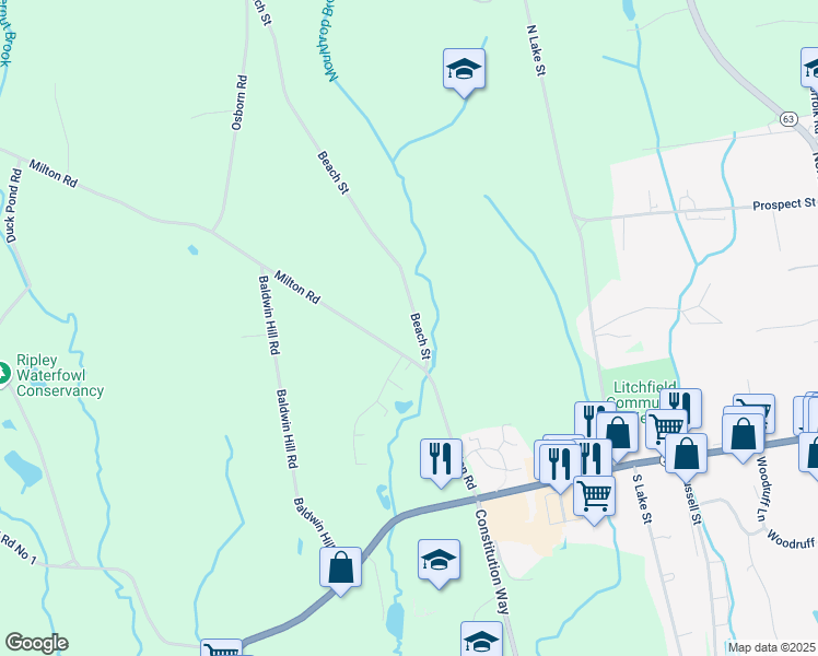 map of restaurants, bars, coffee shops, grocery stores, and more near 49 Milton Road in Litchfield