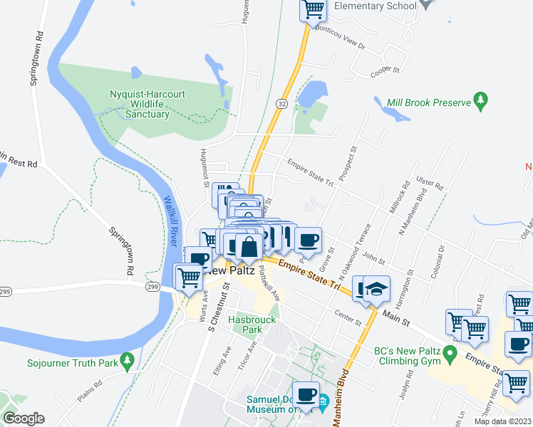 map of restaurants, bars, coffee shops, grocery stores, and more near 30 Church Street in New Paltz