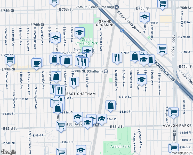 map of restaurants, bars, coffee shops, grocery stores, and more near 7939 South Dobson Avenue in Chicago