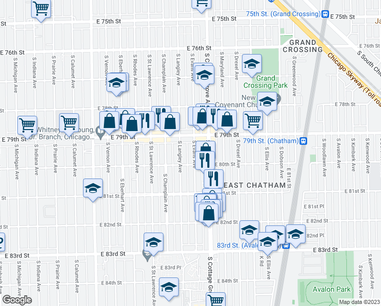 map of restaurants, bars, coffee shops, grocery stores, and more near 7936 South Evans Avenue in Chicago