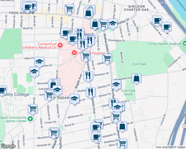 map of restaurants, bars, coffee shops, grocery stores, and more near 56 Annawan Street in Hartford