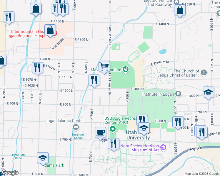 map of restaurants, bars, coffee shops, grocery stores, and more near North 800 East in Logan