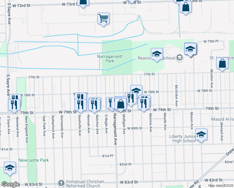 map of restaurants, bars, coffee shops, grocery stores, and more near 7801 Narragansett Avenue in Oak Lawn