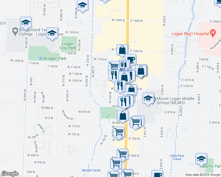 map of restaurants, bars, coffee shops, grocery stores, and more near 1000 North 100 West in Logan