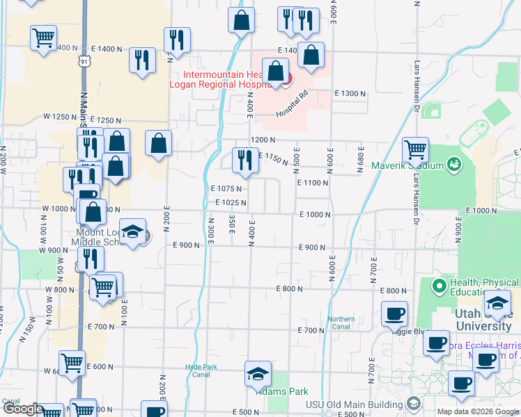 map of restaurants, bars, coffee shops, grocery stores, and more near 980 North 400 East in Logan