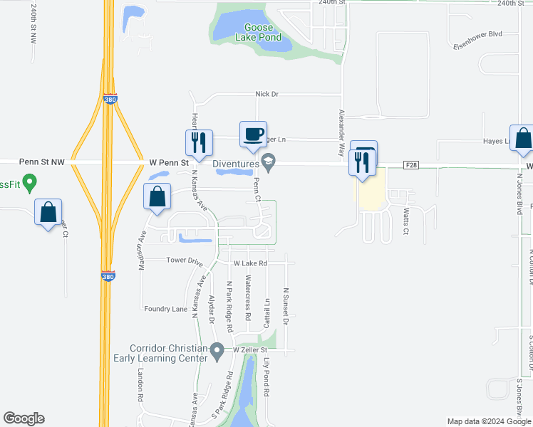 map of restaurants, bars, coffee shops, grocery stores, and more near 20 Florence Way in North Liberty