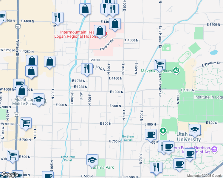 map of restaurants, bars, coffee shops, grocery stores, and more near 560 East 1000 North in Logan