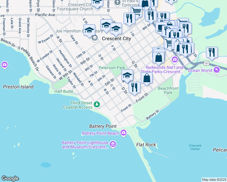 map of restaurants, bars, coffee shops, grocery stores, and more near in Crescent City