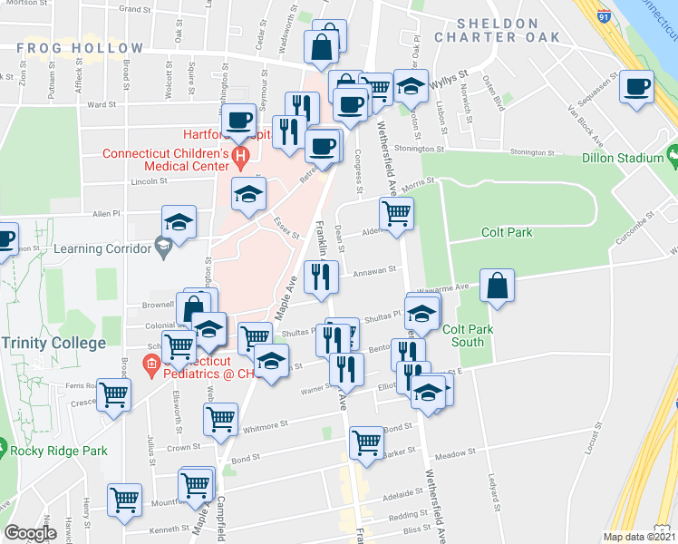 map of restaurants, bars, coffee shops, grocery stores, and more near 49 Annawan Street in Hartford